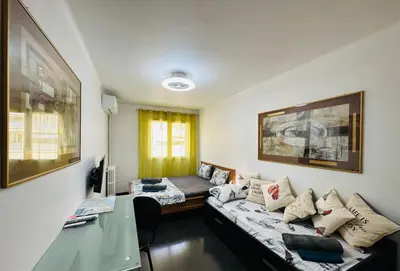 a living room with a couch and a bed at The NICE - 3 rooms, 3air cond, 3TV, 3fans, 2 wc, WIfi everywhere 5min aeroport, train, beach, 1min tram, 15 min centre, port, parking possible in Nice