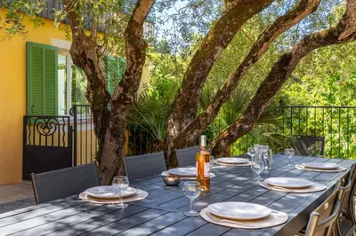 a table with plates and wine glasses on a table under a tree at Villa Summertime in Nice