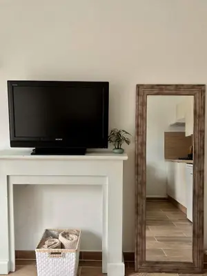 a flat screen tv sitting on top of a fireplace at Studio refait neuf Centre-ville in Nice