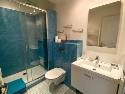 a bathroom with a shower and a toilet and a sink at Central Rossini Flat with Balcony in Nice