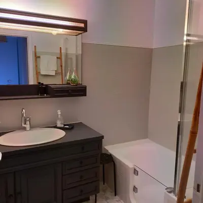 a bathroom with a sink and a shower at Grand 2 pièces à 4mns de la plage in Cagnes-sur-Mer