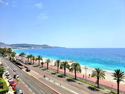 a view of a beach with palm trees and the ocean at PENTHOUSE DUPLEX T3 SUNSEA in Cagnes-sur-Mer