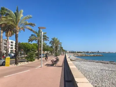 a sidewalk next to a beach with palm trees at PENTHOUSE DUPLEX T3 SUNSEA in Cagnes-sur-Mer