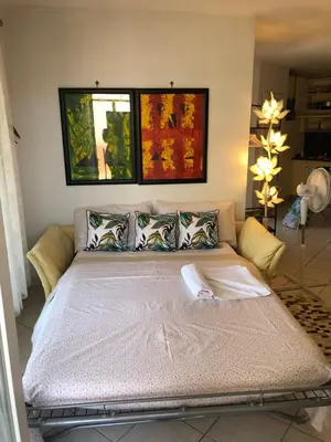 a bed in a room with two paintings on the wall at studio joli in Nice