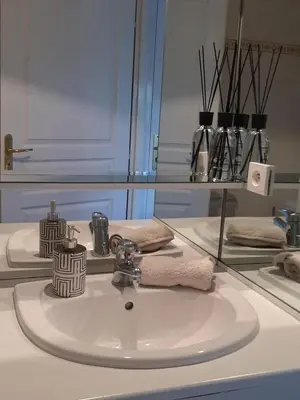 a bathroom sink with a towel and a mirror at studio joli in Nice