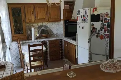a kitchen with a white refrigerator and wooden cabinets at Villa avec piscine et vue magnifique sur Nice in Nice