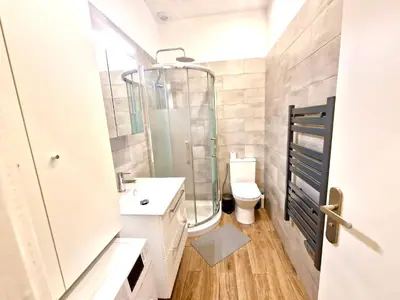 a bathroom with a shower and a sink and a toilet at Résidence Petite Californie in Nice