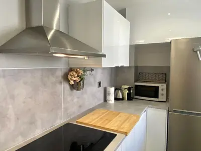 a kitchen with a stainless steel hood over a counter at Suite Gloria Five stars holiday house in Nice