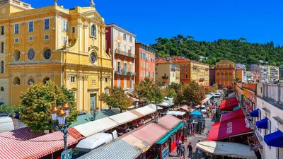 an overhead view of a city street with shops and buildings at Cosy 2 pieces rénové, Proche mer, 4 pers in Nice