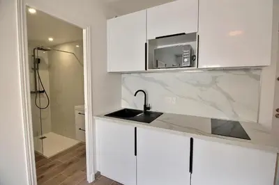 a white kitchen with a sink and a shower at Cosy appartement en plein coeur de la libération in Nice