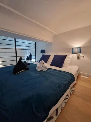 a black cat laying on a bed in a bedroom at 06A4 - Situation exceptionnelle au Port de Nice in Nice