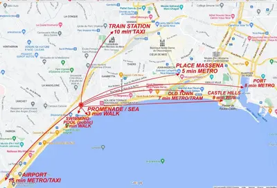 a map of the pace massacre and sun institute at BEAUTIFUL renovated apartment ,NEXT TO THE BEACH ! AIR-C, FREE PARKING! in Nice
