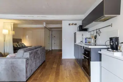 a kitchen and living room with a couch in a room at Joli loft entre le vieux Nice et le port in Nice
