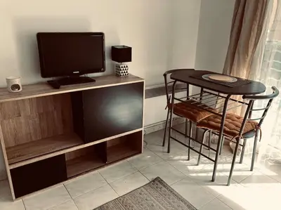 a living room with a table and a television and a table and chairs at Studio Nice proche plages / université in Nice