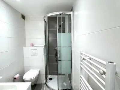 a bathroom with a toilet and a glass shower at ApartHotel Riviera - MALONAT 3 - Grand Studio très calme -Old Town Promenade des Anglais in Nice