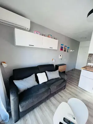 a living room with a black couch in a room at Studio terrasse et parking privé in Nice