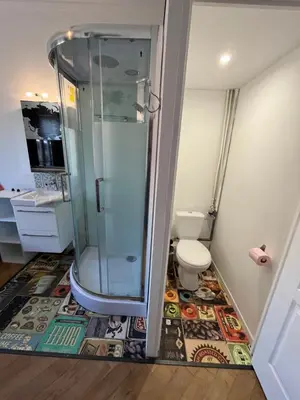 a bathroom with a shower and a toilet on a rug at Les chambres de Cédric ICONIC TRAM GARE Nice Ville pour personnes CALMES in Nice