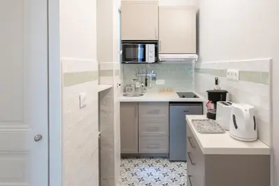a small kitchen with white cabinets and a sink at 26 Nice Parc Imperial studio in Nice