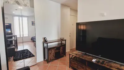 a living room with a large flat screen tv at Loft Place Massena in Nice