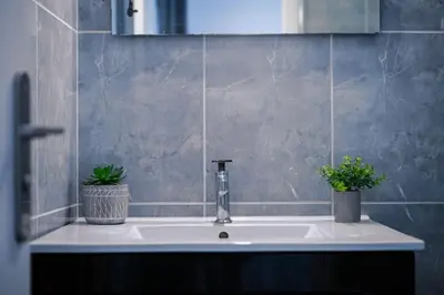 a bathroom sink with two potted plants on it at Le balcon de la baie des Anges in Nice