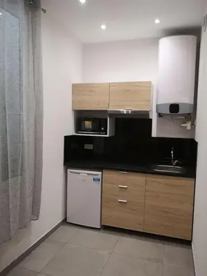 a kitchen with a white refrigerator and a sink at maison de papa in Nice