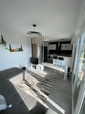 a living room with a couch and a kitchen at Studio cosy in Nice