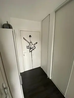 a hallway with a door with a painting on the wall at Studio cosy in Nice