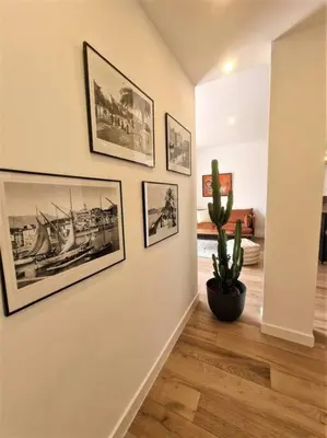 a hallway with pictures on the wall and a cactus at The Chic Libération in Nice