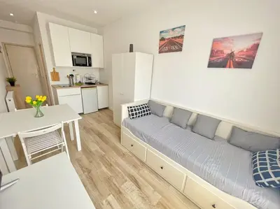 a living room with a couch and a table at Studio au coeur de Nice in Nice