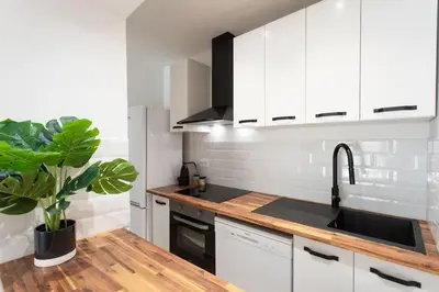 a kitchen with white cabinets and a sink and a plant at #10 2Pièces Fricéro 3min to the beach/Balcon & AC in Nice