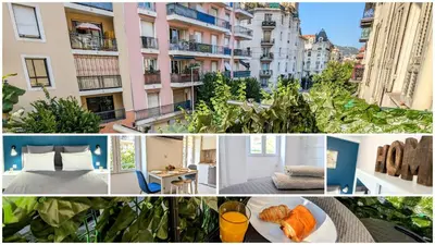 a collage of photos of a hotel room with a bed at Cozy T2 - Lovely Balcony - Center - Liberation - Clim - WIFI in Nice