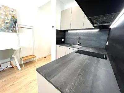 a kitchen with a black refrigerator and a counter top at Hypercentre lamartine 404 in Nice