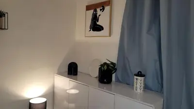 a white cabinet with a blue curtain and a plant at BEACH APPART in Nice