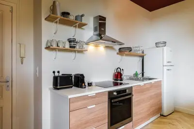 a kitchen with a stove and a refrigerator at Charmant 3 pièces vue mer in Villefranche-sur-Mer