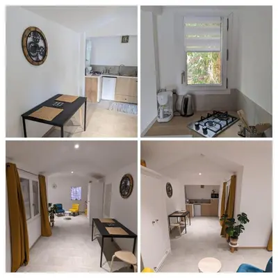 four different views of a kitchen and a living room at Maison du bonheur calme et verdure in Nice