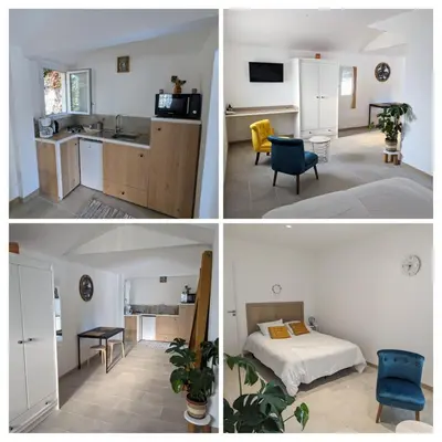 three different views of a kitchen and a bedroom at Maison du bonheur calme et verdure in Nice