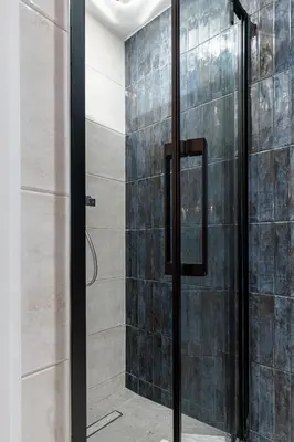 a shower with a glass door in a bathroom at Ultra Central 2 Bdr AC & Parking in Nice