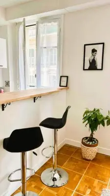 a room with two chairs and a shelf and a plant at Studio calme Nice hyper centre in Nice