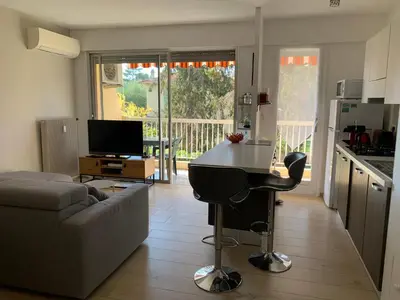 a kitchen and living room with a couch and a table at Agréable 2 pièces à 150 m de la mer in Cagnes-sur-Mer