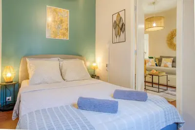 a dressing room with a mirror and a counter at Cosy, modern, fully equipped, air conditioning, Nice historical, old town, 1minute walk from beach - 