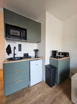 a living room with a kitchen and a table with a plant at Studio Saint-Laurent-Du-Var bord de mer in Saint-Laurent-du-Var