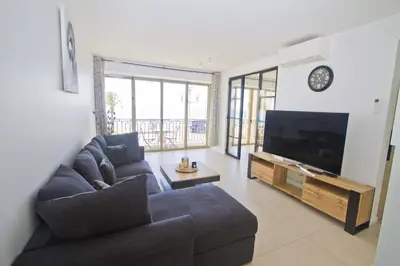 a living room with a couch and a flat screen tv at Sea Front Palace Promenade in Nice