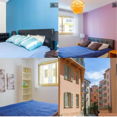 a collage of four pictures of a bedroom at Appartement 3 pièces SoNice au centre de Nice in Nice