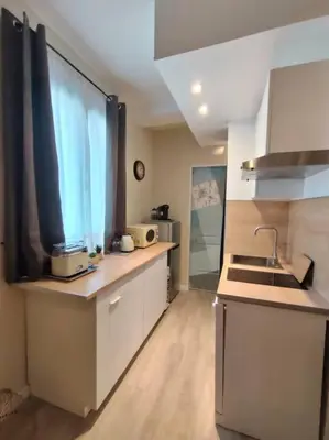 a kitchen with a sink and a counter top at «l’Orient Express» joli 2 pièces fonctionnel in Nice