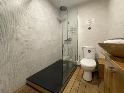 a bathroom with a shower and a toilet and a sink at Saint Francois de Paul - wifi, AC, 6 pers in Nice
