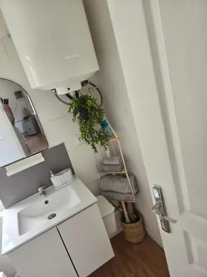 a bathroom with a sink and a mirror at Cabane pas loin de la plage in Cagnes-sur-Mer