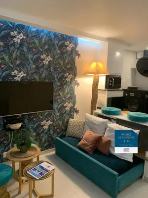 a living room with a couch and a tv at L'îlot Bornala in Nice