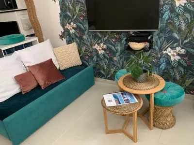 a living room with a couch and a table at L'îlot Bornala in Nice