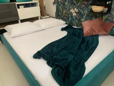 a bed with a green blanket on it at L'îlot Bornala in Nice