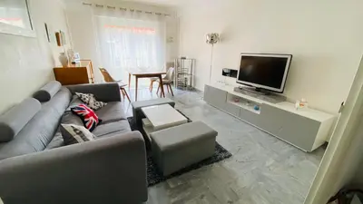 a living room with a couch and a flat screen tv at Confortable et Spacieux 3pièces, très bien situé in Nice